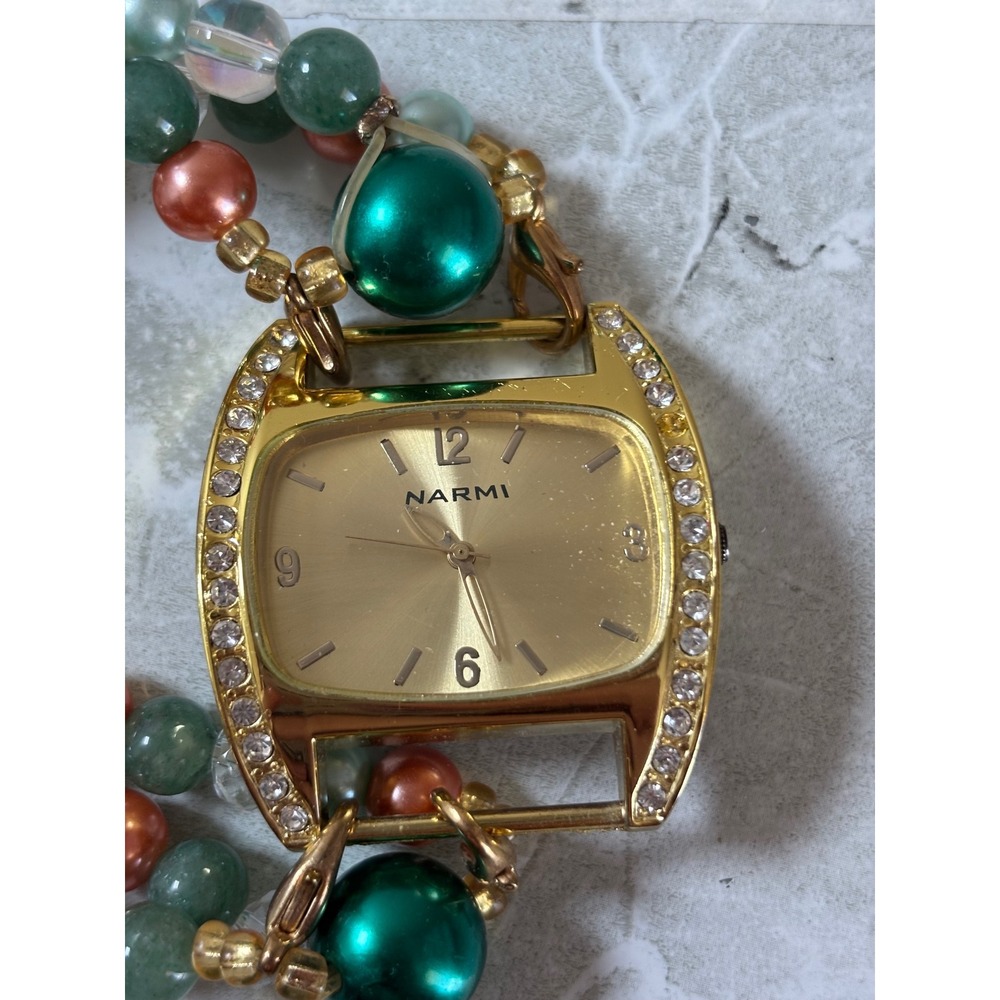 Narmi Womens Watch Set Gold Tone Rhinestone Case 8 Interchangeable‎ Beaded Bands